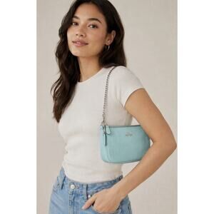 Coach Aqua Blue Pebbled Leather Chain Shoulder Bag Zip Pochette